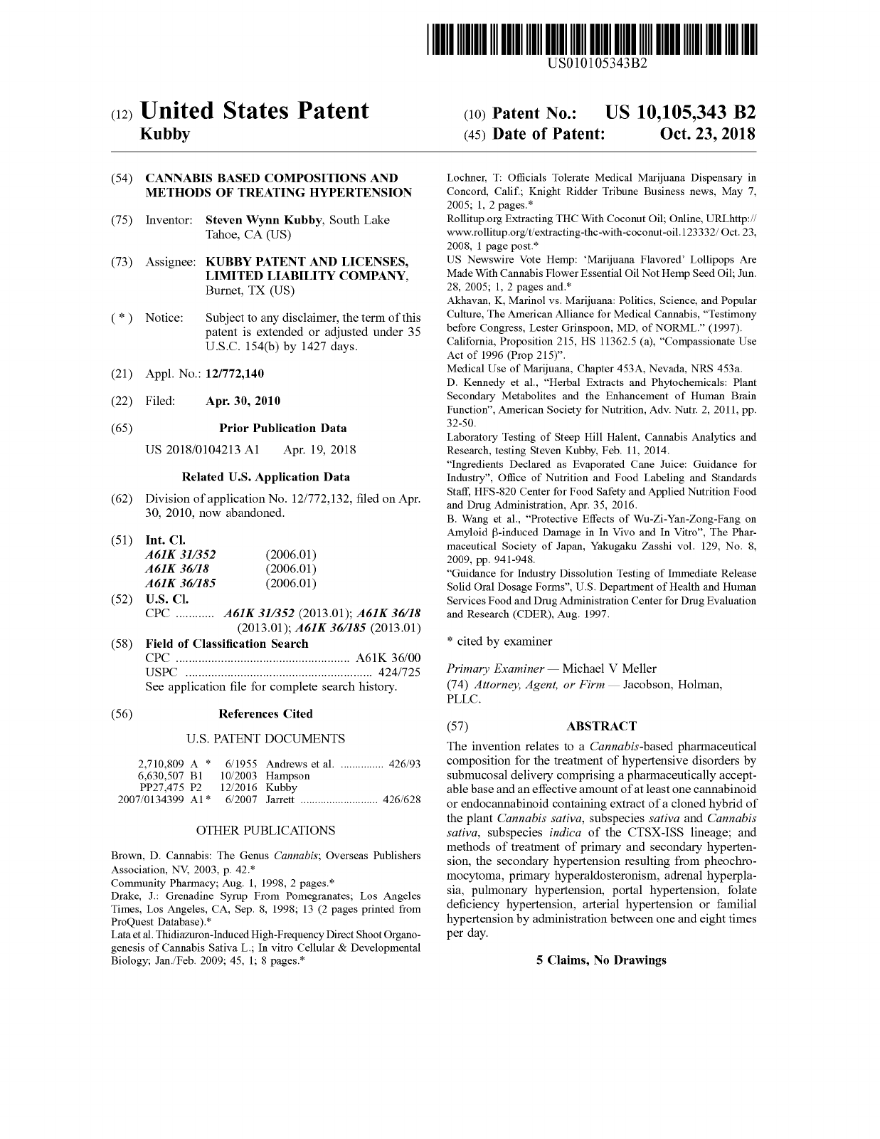 Title page of U.S. Patent 10,105,343 for cannabis-based compositions